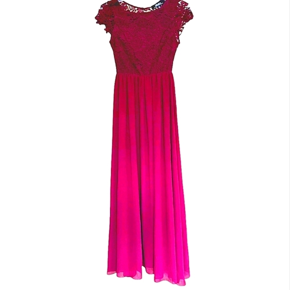 LULUS The Greatest Lace Maxi Dress Burgundy Crew Backless Cap Sleeves Sz SM NWT - Picture 2 of 15